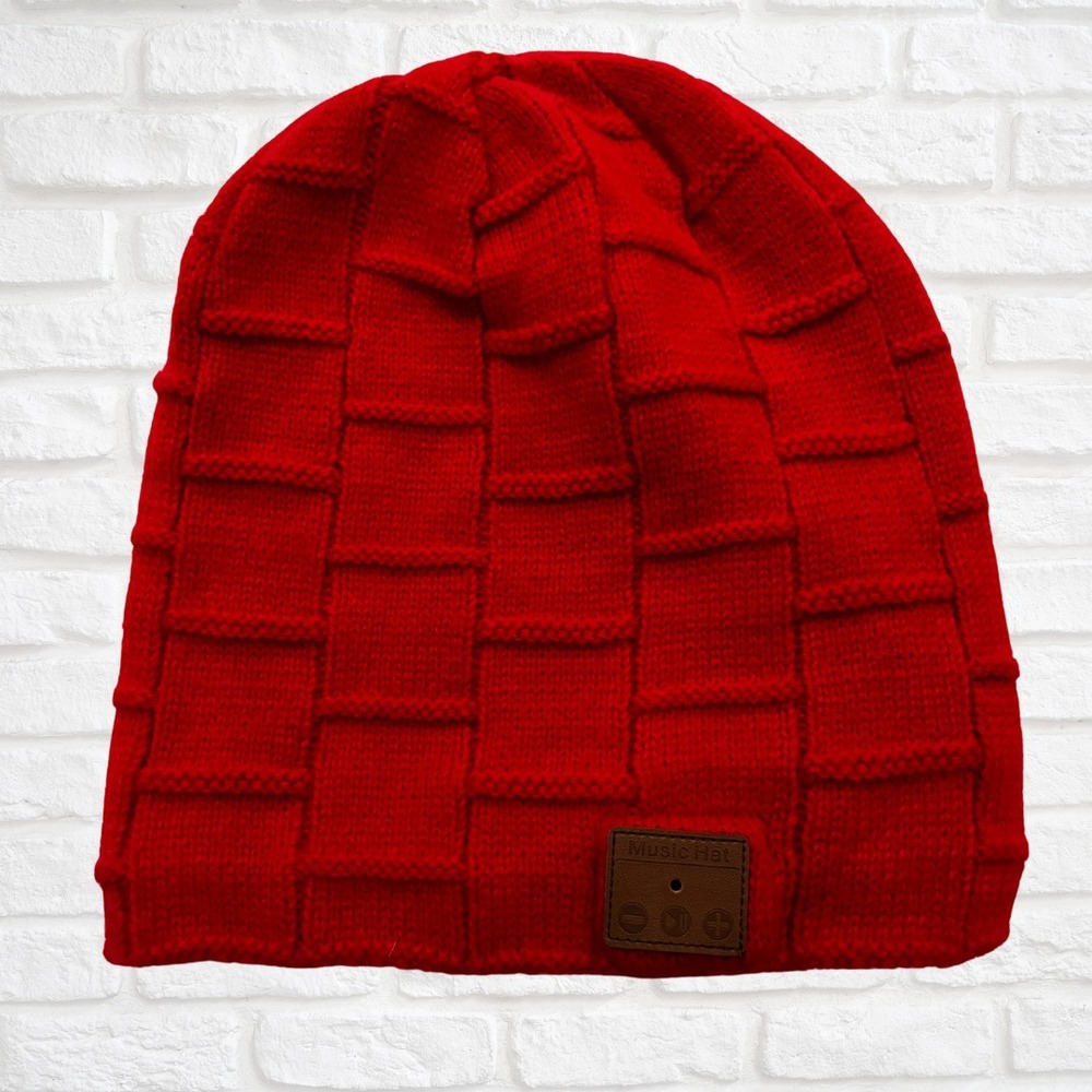 Bluetooth Beanie Hat, Wireless Headphones, Faux Fur Lined, Red Knit Winter Hat